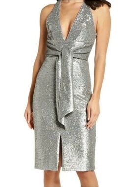 Silver Sequin Halter Tie-Waist Midi Dress